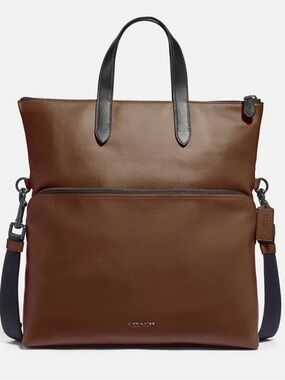 Coach Graham Brown Leather Laptop Messenger Bag Tote with Black Handles Strap.